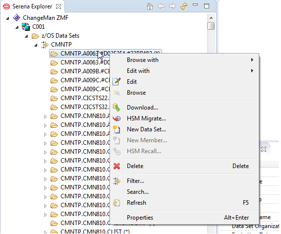 Data set library context menu