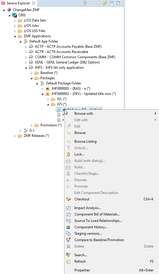 Package component contextual menu